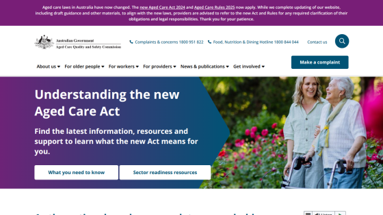 Australian Government aged care site explaining the new Aged Care Act with resources and support links.