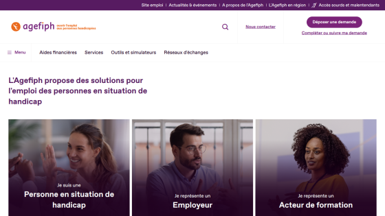 Homepage of Agefiph offering employment solutions for people with disabilities, featuring three main sections.