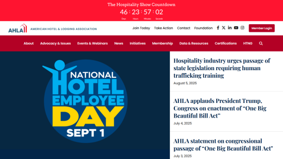 AHLA website promoting National Hotel Employee Day with countdown timer and news headlines.