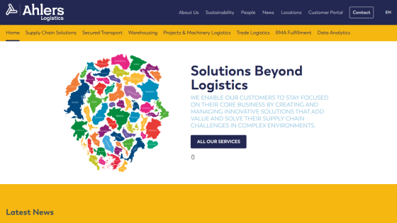 Ahlers Logistics website with navigation menu and headline Solutions Beyond Logistics with a colorful map graphic