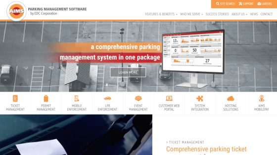 Parking management software homepage with navigation menu and headline about comprehensive parking management system.