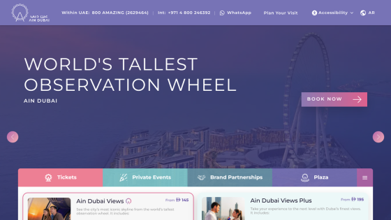 Ain Dubai website showing world's tallest observation wheel with booking options and event tabs