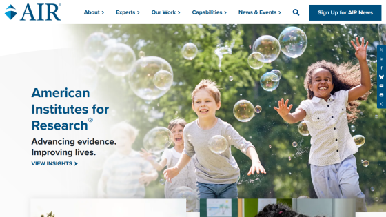 Homepage of American Institutes for Research featuring children playing with bubbles and a mission statement.