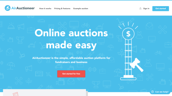 AirAuctioneer homepage with headline 'Online auctions made easy' and call-to-action button