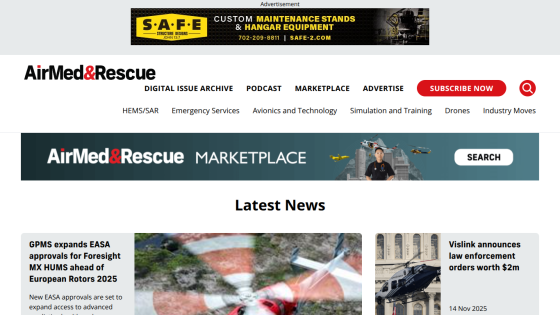 AirMed&Rescue website with navigation menu, marketplace banner, and latest news articles on aviation and rescue topics