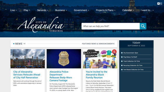 City of Alexandria homepage featuring news articles and a search bar.