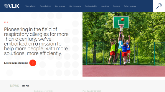 ALK website hero section about pioneering respiratory allergy solutions with children playing basketball image