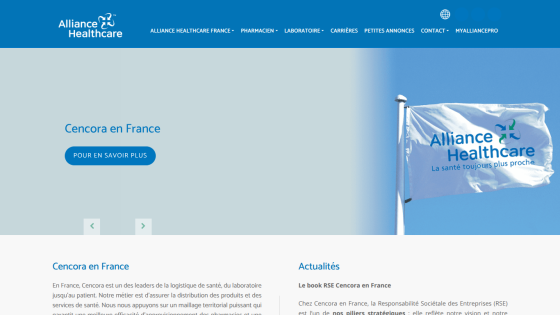 Alliance Healthcare France homepage with navigation menu and hero section about Cencora en France