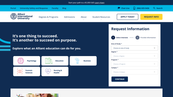Alliant International University homepage featuring programs and a request information form.