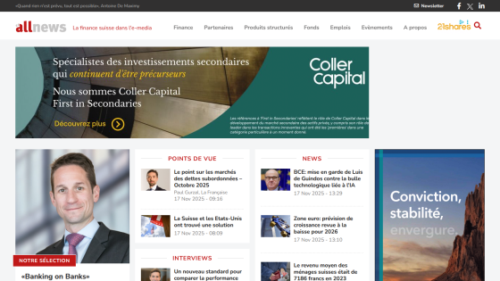 Allnews homepage featuring Coller Capital investment specialists, market views, news, and interviews in Swiss finance media