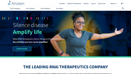 Homepage of RNAi therapeutics company featuring smiling woman and slogan 'Silence disease Amplify life'