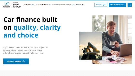 Car finance service emphasizing quality, clarity, and choice with images of a man using a laptop and a car with a rooftop tent.