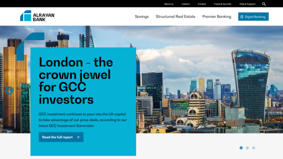 Alrayan Bank homepage featuring London skyline and investment report for GCC investors
