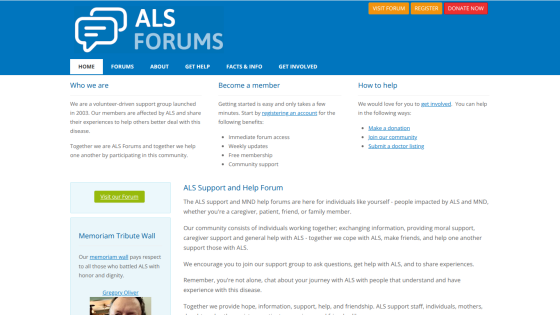ALS Forums homepage offering support and information for individuals affected by ALS, with navigation and membership options.