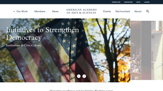 Homepage of the American Academy of Arts & Sciences featuring a banner on democracy initiatives.