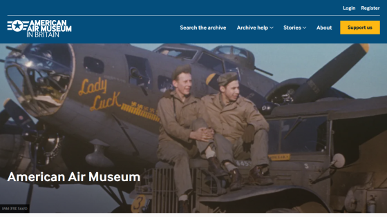 American Air Museum homepage with navigation links and a historic photo of two men sitting on a vehicle in front of a plane