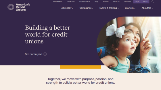 Homepage of a credit union organization with headline 'Building a better world for credit unions' and image of a child looking up