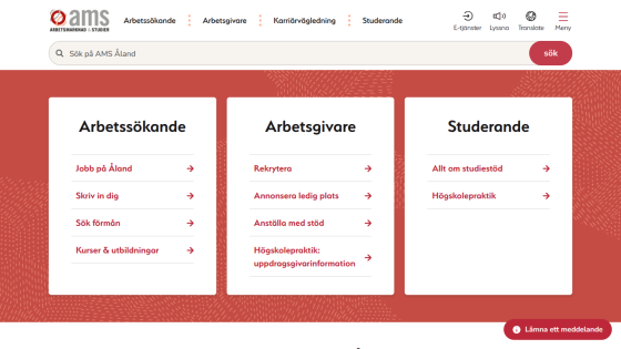AMS Åland website with navigation and sections for job seekers, employers, and students