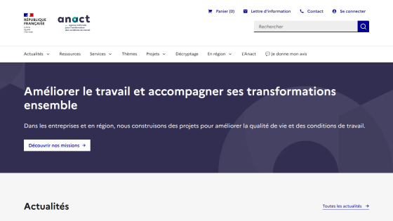 Homepage of ANACT with a focus on improving work conditions and transformations.