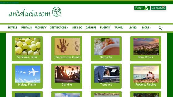 Homepage of Andalucia.com featuring travel options like hotels, flights, and property rentals.