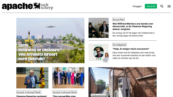 News site Apache Stelt Scherp with articles on Antwerp Airport, Flemish government, and social-cultural work.