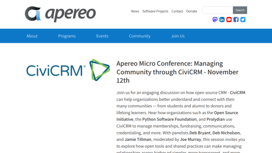Apereo website promoting a micro conference on managing community through CiviCRM on November 12th with event details and panelists