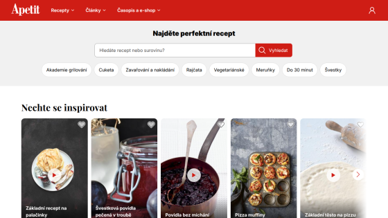 Recipe website featuring a search bar and various dish inspirations.