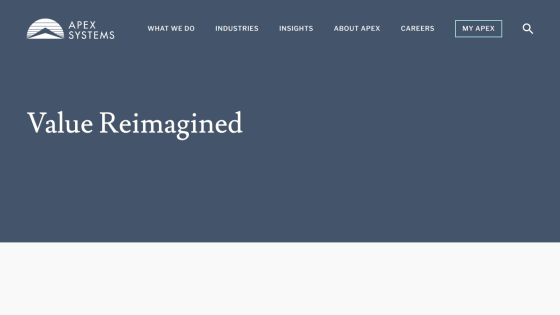 Apex Systems website header with navigation and hero section titled 'Value Reimagined'