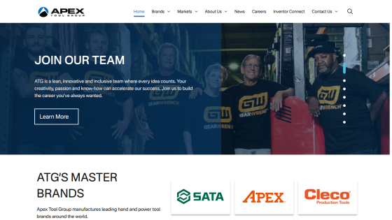 Apex Tool Group careers page inviting to join the team with a group photo and brand logos below
