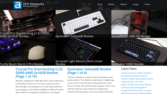 APH Networks homepage featuring reviews of Crucial Pro Overclocking CL32 DDR5-6400, Epomaker Galaxy68, SoundPEATS Q40 HD, Turtle Beach Burst II Pro, be quiet! Light Mount Silent Linear, and Epomaker HE80