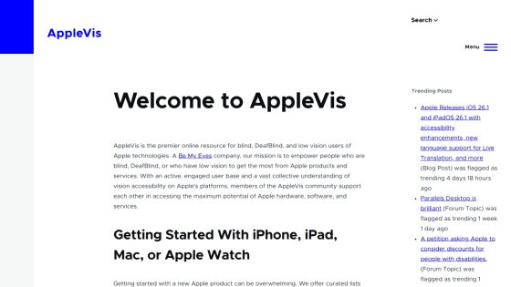 AppleVis homepage welcoming users with navigation, search, and trending posts list