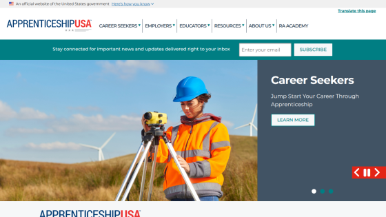 Homepage of Apprenticeship USA featuring a career seekers section and a person surveying.