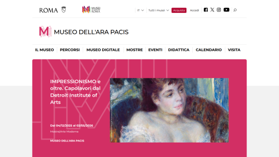Museo dell'Ara Pacis website showing an exhibition on Impressionism and masterpieces from the Detroit Institute of Arts from Dec 2025 to May 2026.
