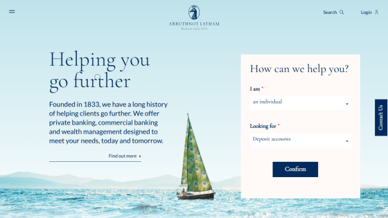 Banking website with headline 'Helping you go further', description of services, and a form to select client type and service