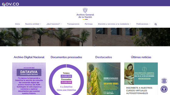 Archivo General de la Nación website with navigation menu, digital archive info, processed documents stats, featured seminar, and virtual course registration