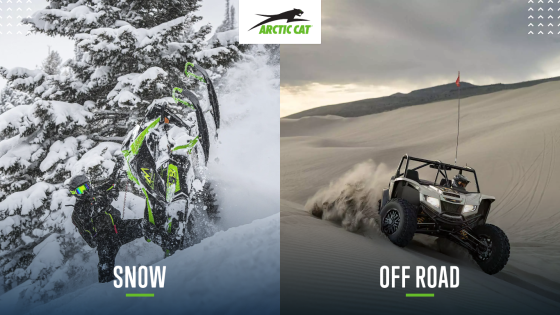 Arctic Cat logo with hero images showcasing snow and off road vehicles in action