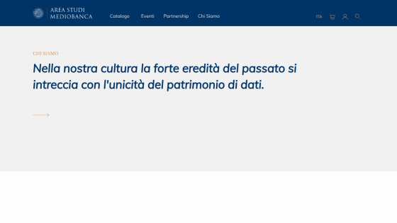 Website header with navigation and a hero section stating the strong heritage of the past intertwined with unique data heritage in Italian.