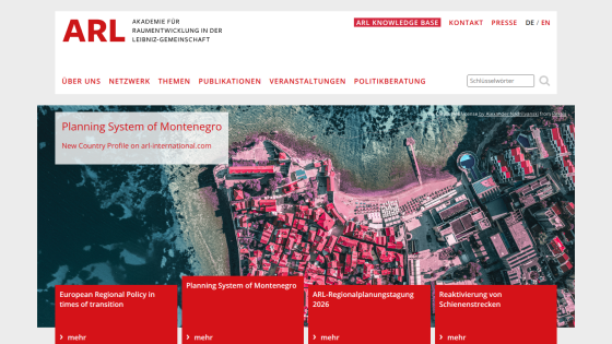 Website header and navigation for ARL with a hero aerial image of Montenegro and links to regional policy and planning topics