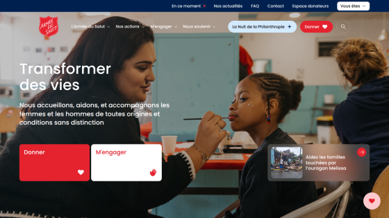 Charity website hero with woman painting a child's face, call to action to donate or engage
