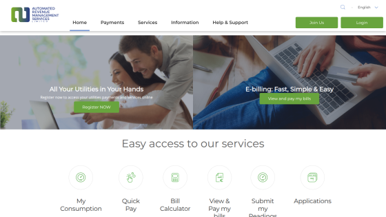 Automated Revenue Management Services homepage with utilities payment registration and e-billing options