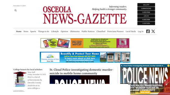 Osceola News-Gazette homepage with news headlines, navigation menu, and advertisements above the fold