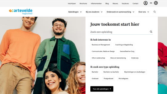 Artevelde University College homepage with study program search and interest categories