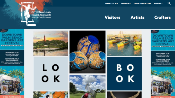 Artfestival.com homepage featuring Downtown Palm Beach Gardens Art Festival details and art images with navigation for Visitors, Artists, Crafters