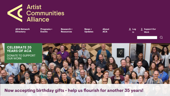 Artist Communities Alliance website with navigation and a call to celebrate 35 years and donate to support their work