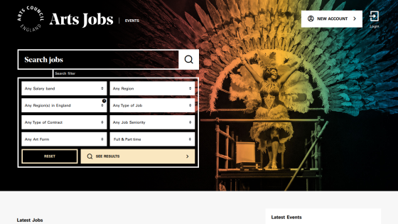 Arts Jobs site with search filters for salary, region, job type, contract, and art form, plus a colorful performer image