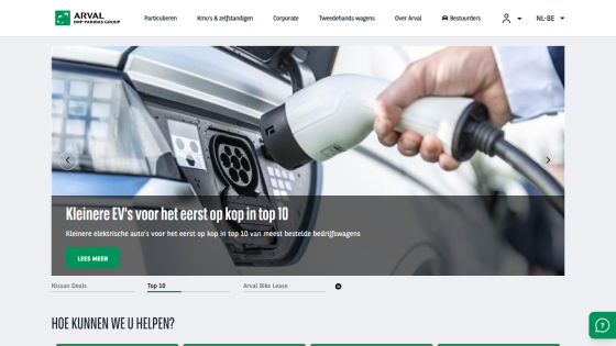 Website header with navigation and hero section about smaller electric vehicles topping the top 10 list of most ordered company cars.