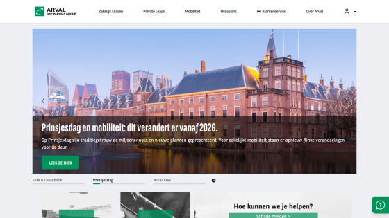 Website header and navigation for Arval BNP Paribas Group with hero section about Prinsjesdag and mobility changes from 2026.