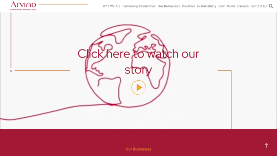 Avind website header with navigation and hero section inviting to watch their story with a globe illustration