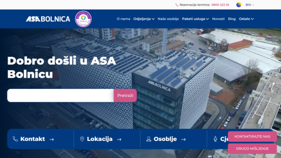 ASA Bolnica hospital website with aerial view of building, welcome message, search bar, and navigation menu