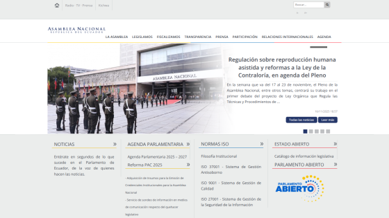 National Assembly of Ecuador website with news on human reproduction regulation and legislative agenda